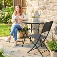 Outsunny Outdoor Bistro Set, 3 Piece Patio Furniture Set with Folding Chairs, Semi-Circle Glass Top Table, Black(m-10)