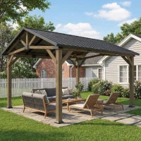 Outsunny 13' x 11' Hardtop Gazebo Canopy with Galvanised Metal Roof, Fir Wood Frame and Central Hook for Patio, Black Grey(m-1)