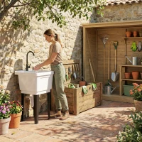 Outsunny Portable 23-Gallon Utility Sink Laundry Tub for Washing Room, Freestanding Laundry Sink with Soap Dispenser, White(m-9)