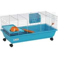 PawHut 35"L Small Animal Cage, Rolling Bunny Cage, Guinea Pig Cage with Wheels, Food Dish, Water Bottle, Hay Feeder, Blue(m-1)