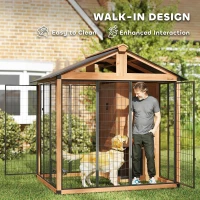 PawHut 7' x 6' Extra Large Dog House, Wood Outdoor Dog Kennel with Storage Cabinet, Stainless Steel Bowls, Light Yellow(m-5)