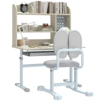 Qaba Kids Study Desk and Chair Set with Adjustable Height, Tiltable Desktop, Hutch and Drawer for Ages 3-12, Gray(m-11)
