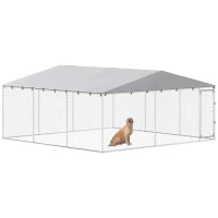 PawHut 15' x 15' x 7' Dog Kennel Outdoor for Small Medium Large Dogs with Waterproof Roof, Silver(m-11)