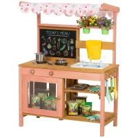 Qaba Kids Mud Kitchen with Canopy, Outdoor Wooden Play Kitchen with Planter Box, Accessories for Age 3-6, Pink(m-11)