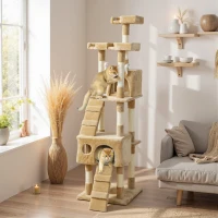 PawHut 68-inch Multi-Level Cat Scratching Tree Kitty Activity Center Post Tower Condo Pet Furniture w/ Toy Light Brown(m-8)