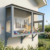 PawHut Catio Outdoor Cat Enclosure Expandable Wooden Cat House with 2 Doors for Window, 39.4"L(m-8)