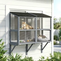 PawHut Catio Outdoor Cat Enclosure Wall-Mounted 2-Level Outdoor Cat House with Waterproof Roof 51.2" Grey(m-8)