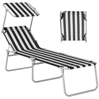 Outsunny Outdoor Pool Chaise Lounge Chair, Folding Tanning Chair with Sun Shade, Black and White(m-11)