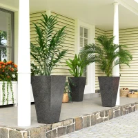 Outsunny 28" Tall Planters, Set of 3 Plastic Flower Pots with Marble Finish and Drainage Holes, Stackable Taper Planters, Black(m-2)