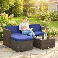 Outsunny 3 Pieces Patio Furniture Set with Cushions, Outdoor PE Rattan Wicker Conversation Corner Sofa Set with Glass Top Table(m-1)