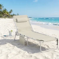 Outsunny Tanning Chair with Face Hole and Side Table, 5-Position Folding Outdoor Chaise Lounge Chair, Beige(m-10)