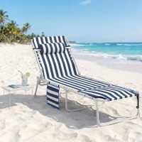 Outsunny Tanning Chair with Face Hole and Side Table, 5-Position Folding Outdoor Chaise Lounge Chair, Blue and White(m-10)