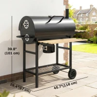 Outsunny Charcoal BBQ Grill with Foldable Shelves, Barbecue Grill with Warming Rack, Thermometer, Wheels, Natural Wood and Black(m-3)