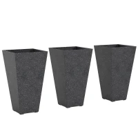 Outsunny 28" Tall Planters, Set of 3 Plastic Flower Pots with Marble Finish and Drainage Holes, Stackable Taper Planters, Black(m-1)