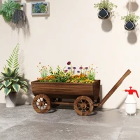 Outsunny Wooden Wagon Planter Box, Mobile Garden Planter with 4 Wheels, Small Wheelbarrow Wagon Flower Cart with Drainage Hole(m-10)