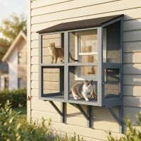 PawHut Catio Outdoor Cat Enclosure Wall-Mounted 2-Level Outdoor Cat House with Waterproof Roof 39.4" Grey(m-1)