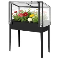 Outsunny Raised Garden Bed with Flip-Up Greenhouse Cover, Metal Elevated Garden Bed with Legs and Drainage Hole, Black(m-1)