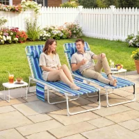 Outsunny Tanning Chair Set of 2 with Face Hole and Side Table, 5-Position Folding Outdoor Chaise Lounge Chair, Blue Stripe(m-2)
