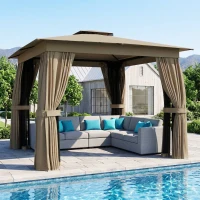 Outsunny 10' x 10' Outdoor Patio Gazebo, Soft Top Gazebo Canopy Shelter with Curtains, Netting, Steel Frame, Hook, Khaki(m-11)