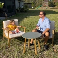 Outsunny 3 Piece Outdoor Bistro Set, Wood Effect Metal Patio Set with Wide and Deep Chairs, Round Table, Cushions, Cream White(m-9)