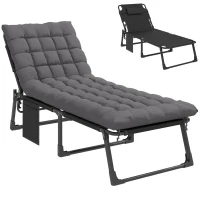 Outsunny Folding Chaise Lounge Chair Outdoor Tanning Chair with 5-Position Backrest, Cushion, Side Pocket, Dark Gray(m-11)