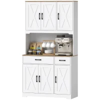 HOMCOM Tall Kitchen Pantry, 6 Doors, 2 Drawers, Adjustable Shelves & Worktop, Rustic Storage Cabinet for Living Room White(m-2)