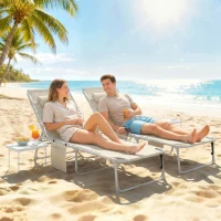 Outsunny Tanning Chair Set of 2 with Face Hole and Side Table, 5-Position Folding Outdoor Chaise Lounge Chair, Beige(m-10)