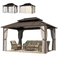 Outsunny 10' x 14' Hardtop Gazebo with Double Galvanized Steel Roof Canopy, Aluminum Frame Permanent Gazebo, Brown(m-1)