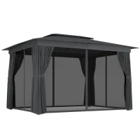 Outsunny 10' x 12' Outdoor Patio Gazebo, Soft Top Gazebo Canopy Shelter with Curtains, Netting, Steel Frame, Hooks, Dark Gray(m-11)