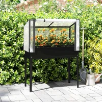 Outsunny Raised Garden Bed with Flip-Up Greenhouse Cover, Metal Elevated Garden Bed with Legs and Drainage Hole, Black(m-10)