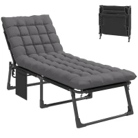 Outsunny Folding Chaise Lounge Chair Outdoor Tanning Chair with 5-Position Backrest, Cushion, Side Pocket, Dark Gray(m-1)