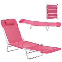 Outsunny Folding Lounge Chair, Portable Tanning Chair with Adjustable Backrest, Pillow for Beach Poolside Patio, Pink(m-11)