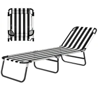 Outsunny Portable Folding Adjustable Sun Beach Lounger / Camping Cot - Black and White(m-1)