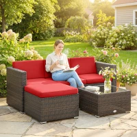 Outsunny 3 Pieces Patio Furniture Set with Cushions, Outdoor PE Rattan Wicker Conversation Corner Sofa Set with Glass Top Table(m-1)