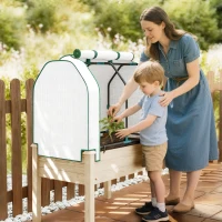 Outsunny Raised Garden Bed with PE Greenhouse Cover Outdoor Planter Box for Herbs and Vegetables, 35 x 22 x 47 inch, Natural(m-9)