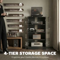 HOMCOM 5-Tier AV Media Stand with Push to Open Glass Doors, Audio-Video Storage Cabinet with Adjustable Shelves for DVD Players, Games Consoles, Routers, Distressed Black(m-4)