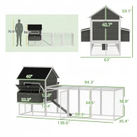 PawHut 137" Wooden Chicken Coop for 8-10 Chickens, Backyard, Dark Gray(m-3)