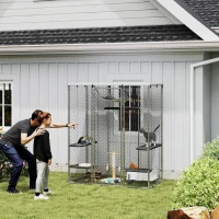 PawHut Catio Outdoor Cat Enclosure, Galvanized Steel Walk-in Cat Cage with Waterproof Cover, 5 Adjustable Platforms, Hammock(m-10)