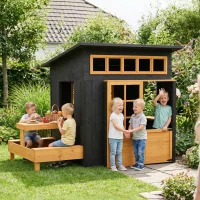 Qaba Outdoor Playhouse, Wooden Kids Playhouse w/ Picnic Table & Benches, Chalkboards, Half Door, Windows, for Kids Ages 3-8(m-9)