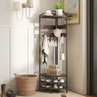 HOMCOM Corner Hall Tree, Industrial 4-Tier Coat Rack with Shoe Storage, 8 Movable Hooks and 2 Shelves for Hallway, Rustic Brown(m-10)