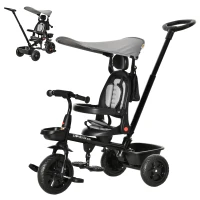 Qaba Tricycle for Toddler 4 in 1 Kids Trike with Reversible Adjustable Seat, Baby Push Bike with Removable Handle, Flat Canopy, Belt Storage Brake Clutch for 1-5 Years, Grey(m-11)