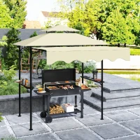 Outsunny 8' x 7.6' Grill Gazebo, Double Tiered Barbecue Grill Gazebo Shelter w/ Side Awning, 2 Side Shelves, 6 Hooks, Beige(m-1)