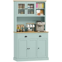 HOMCOM Kitchen Pantry Storage Cabinet with Microwave Stand, 71" Modern Kitchen Hutch with Open Countertop, Glass Doors, Storage Drawers and Adjustable Shelves for Dining Room, Coffee Bar, Light Green(m-1)