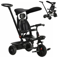 Qaba Tricycle for Toddler 4 in 1 Kids Trike with Reversible Adjustable Seat, Baby Push Bike with Removable Handle, Flat Canopy, Belt Storage Brake Clutch for 1-5 Years, Black(m-2)