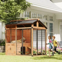 PawHut 7' x 5' Extra Large Dog House, Wood Outdoor Dog Kennel with Platform, Storage Cabinet for Large Breeds, Yellow(m-10)