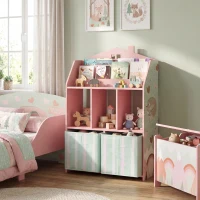 Qaba Kids Bookshelf with Storage, Toy Storage Unit with Book Display, Shelves and Fabric Drawers for Playroom Nursery, Pink(m-10)