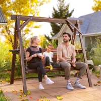 Outsunny 3 Seat Wooden Porch Swing with Stand, Patio Swing with Side Tables, for Garden, Poolside, Backyard, Carbonized Brown(m-10)