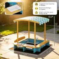 Qaba Wooden Sandbox with Dinosaur Print Canopy Kids Sandbox Outdoor with Bench Seats & 2 Storage Bins(m-3)