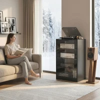 HOMCOM 5-Tier AV Media Stand with Push to Open Glass Doors, Audio-Video Storage Cabinet with Adjustable Shelves for DVD Players, Games Consoles, Routers, Distressed Black(m-8)