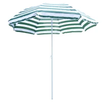 Outsunny 6FT Round Beach Umbrella with Tilt Mechanism, Outdoor UV Protection Sun Shaded Canopy with Push Button, Striped Green(m-2)